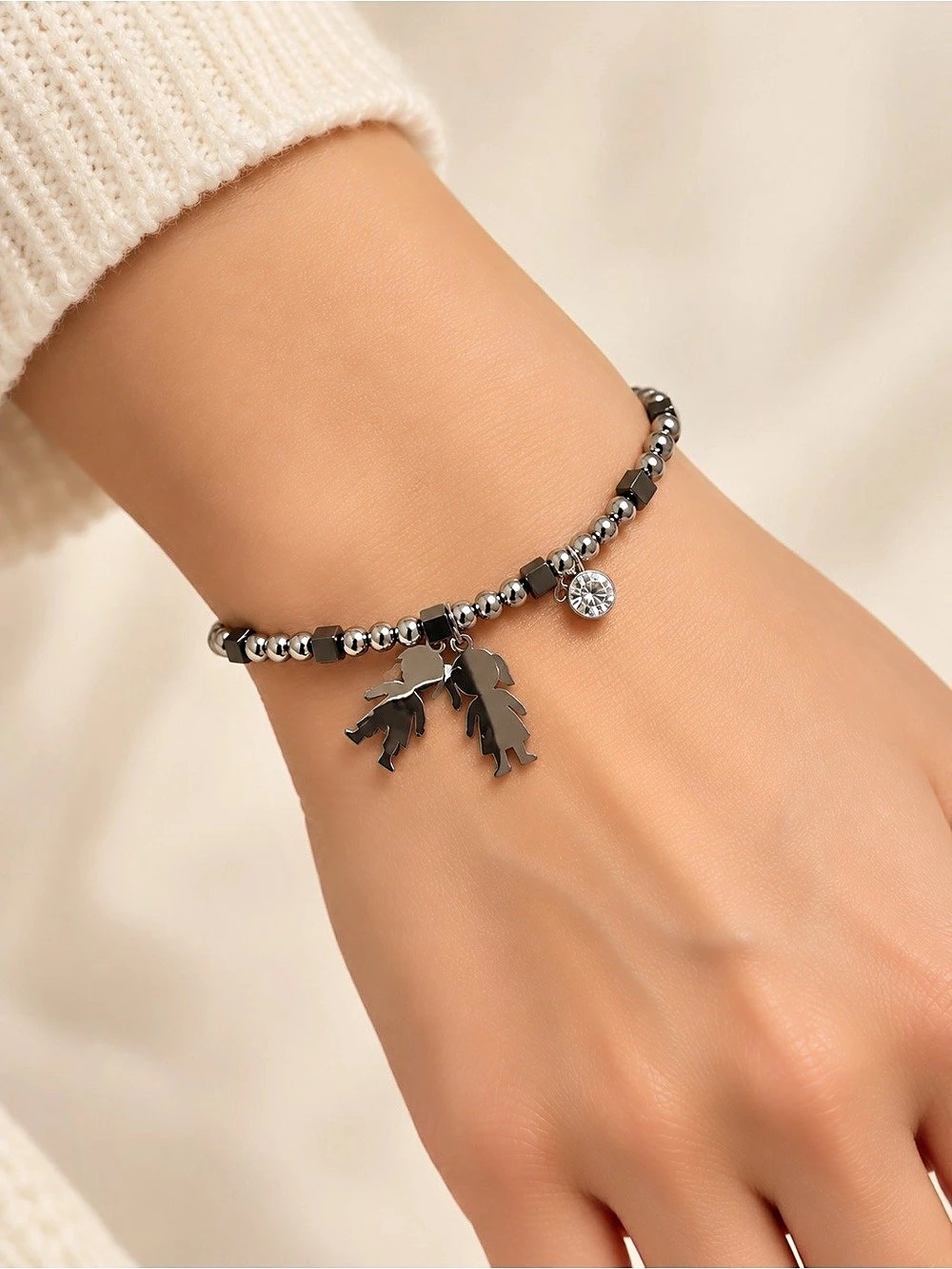 Beaded Charm Bracelet in Silver & Black